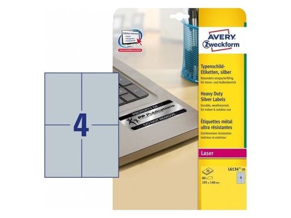 Avery L6134-20, Sølv, Selvklebende skriveretikett, A4, Polyester, Laser, Permanent
