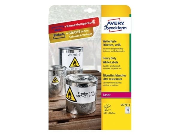 Avery L4773-8, Hvit, Selvklebende skriveretikett, A4, Polyester, Laser, Permanent