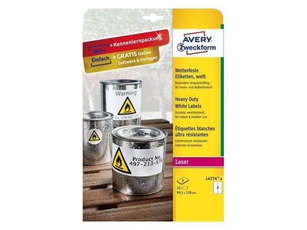 Avery Zweckform L4774-8, Hvit, Avrundet rektangel, Permanent, DIN A4, Polyester, Matt