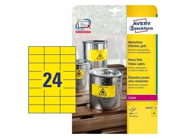 Avery L6131-20, Gul, Selvklebende skriveretikett, A4, Film, Polyester, Laser, Permanent