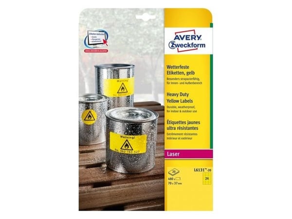 Avery L6131-20, Gul, Selvklebende skriveretikett, A4, Film, Polyester, Laser, Permanent