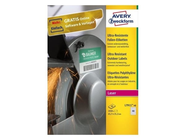 Avery Zweckform L7911-40, Hvit, Avrundet rektangel, Permanent, DIN A4, Polyetylen, Matt