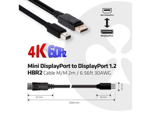 Club 3D - DisplayPort-kabel - Mini DisplayPort (hann) til DisplayPort (hann) - 2 m - 4K-støtte