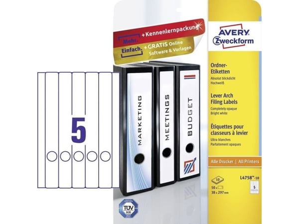 Avery L4758-10, Hvit, Papir, 38 x 297 mm, 50 stykker, 10 ark, 210 x 297 mm