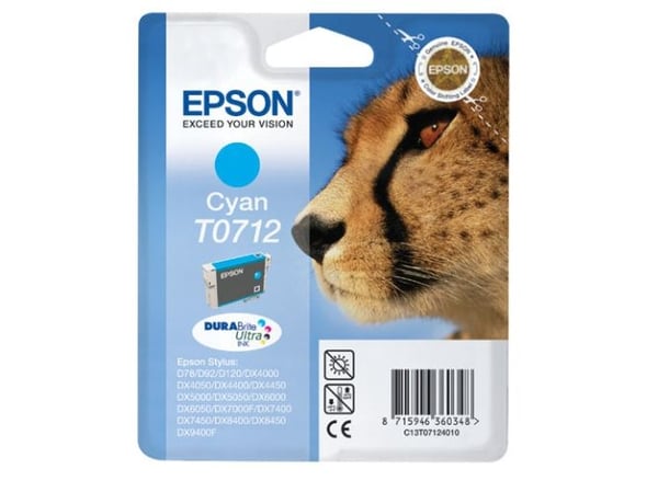 Epson T0712 - 5,5 ml - syaani - alkuperäinen - läpipainopakkaus - värikasetti - Stylus DX9400, SX115, SX210, SX215, SX215, SX218, SX415, SX515, SX6...