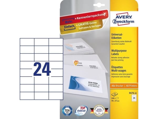 Avery 3474-10, Hvit, Rektangel, Permanent, A4, Papir, Laser/Blekkskriver
