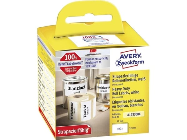Avery A1933084, Hvit, Avrundet rektangel, Permanent, Svart på hvitt, Rull, Folie