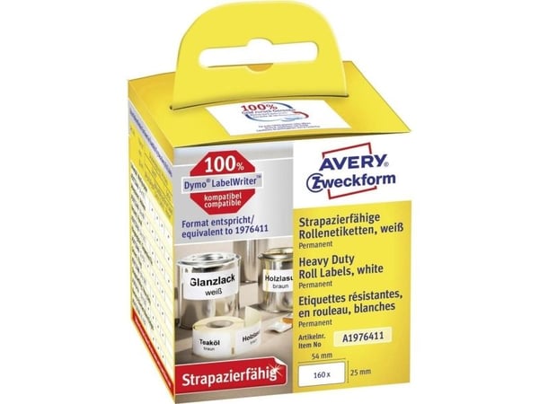 Avery A1976411, Hvit, Avrundet rektangel, Permanent, Svart på hvitt, Rull, Folie
