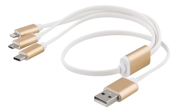Deltaco USB-MULTI05, 0,5 m, Mini-USB B, USB C/Micro-USB B/Lightning, Kulta, Valkoinen