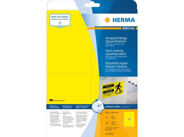 HERMA 8032, Keltainen, Itse kiinnittyvä tulostintarra, A4, Laser, Kiinteä, Matta