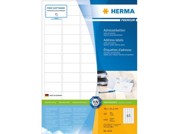 HERMA Premium - Papir - matt - permanent selv-adhesiv - kraftig hvitt - 38.1 x 21.2 mm 6500 etikett(er) (100 ark x 65) laminerte adresseetiketter