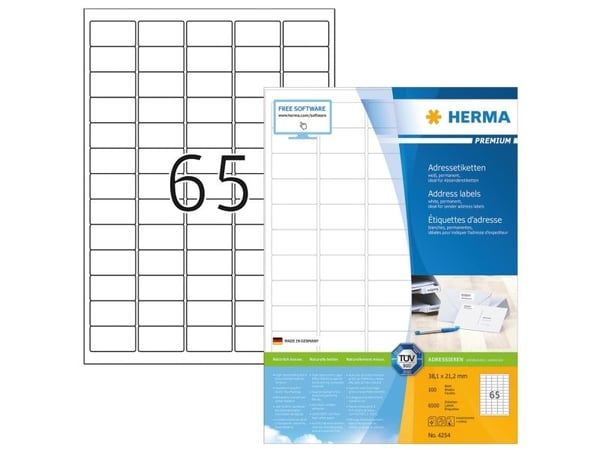 HERMA Premium - Papir - matt - permanent selv-adhesiv - kraftig hvitt - 38.1 x 21.2 mm 6500 etikett(er) (100 ark x 65) laminerte adresseetiketter