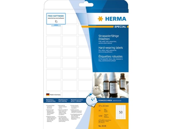 HERMA 8338, Valkoinen, Itse kiinnittyvä tulostintarra, A4, Laser, Kiinteä, Matta