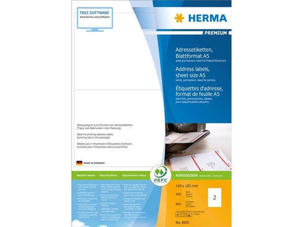 HERMA Special - Matt - selv-adhesiv - hvit - 148 x 105 mm 800 etikett(er) (400 ark x 2) adresselapper