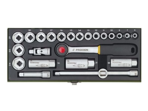 Proxxon 23110, Støpselsett, 3/8", Metrisk, 24 hoder, 6,7,8,10,11,12,13,14,15,16,17,18,19,21,22,24 mm, Kromfarget