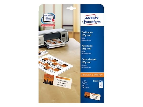 Avery Tent Card C32253 - Hvit - 40 x 110 mm 100 stk (25 ark x 4) bordkort