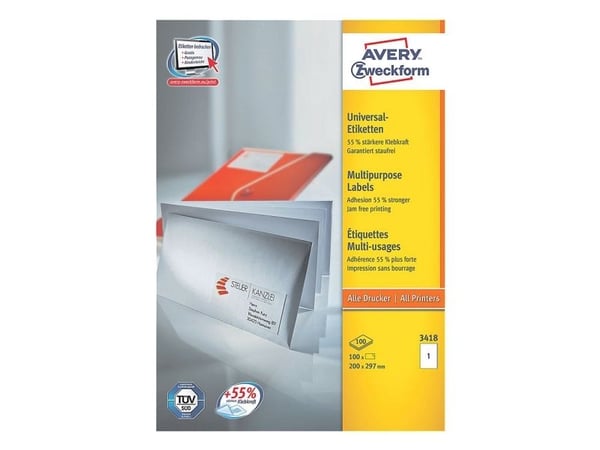 Avery - Hvit - A4 (210 x 297 mm) 100 stk (100 ark x 1) merkelapper