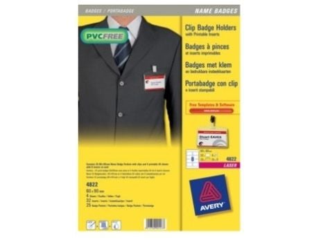 AVERY Zweckform navneskilt med klips, 90 x 60 mm gjennomsiktig, laget av PVC-fritt materiale, festes med klips (4822)