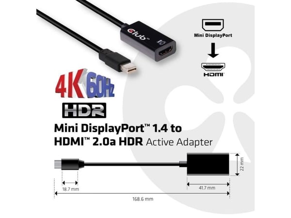 Club 3D - Video adapter - Mini DisplayPort hann til HDMI hunn - 16.86 cm - 4K-støtte