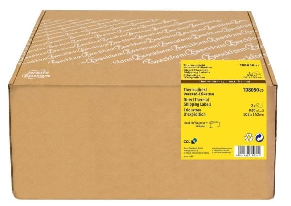 Avery TD8050-25, Hvit, Selvklebende skriveretikett, Papir, Trermisk overføring, Permanent, Avrundet rektangel