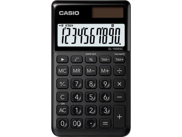 Casio SL-1000SC-BK, Tasku, Perus, 10 lukua, 1 linjat, Akku/Aurinko, Musta