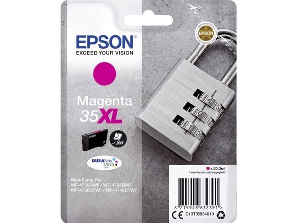 Epson Padlock Singlepack Magenta 35XL DURABrite Ultra Ink, Korkea (XL) värintuotto, Väriainepohjainen muste, 20,3 ml, 1900 sivua, 1 kpl