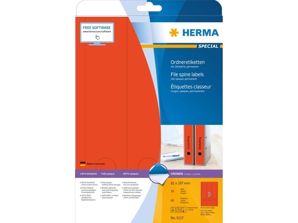 HERMA 5137, Punainen, Itse kiinnittyvä tulostintarra, A4, Paperi, Laser/Inkjet, Kiinteä