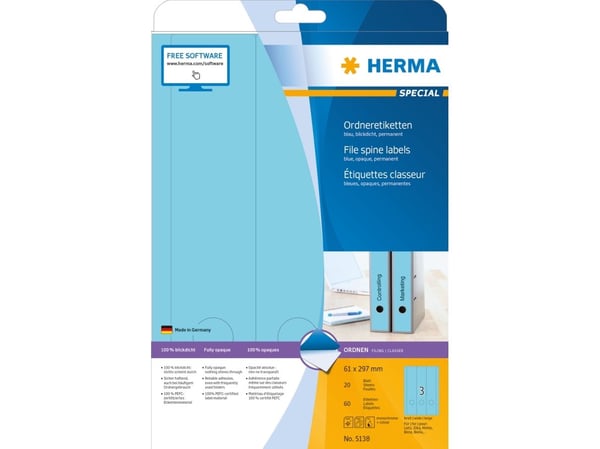HERMA Special - Papir - matt - permanent selv-adhesiv - blå - 61 x 297 mm 60 etikett(er) (20 ark x 3) opake arkivmappeetiketter