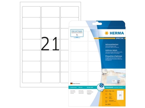 HERMA Special - Papir - matt - permanent selv-adhesiv - belagt - hvit - 63.5 x 38.1 mm - 90 g/m² - 525 etikett(er) (25 ark x 21) adresselapper