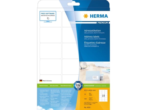HERMA Premium - Selvklebende - hvit matt - 63,5 x 46,6 mm 450 etikett(er) (25 ark x 18) adresseetiketter