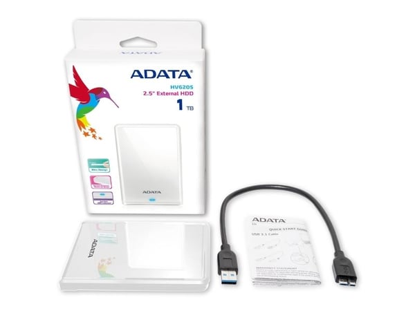 ADATA HV620S - Hårddisk - 1 TB - extern (portabel) - USB 3.1 - vit