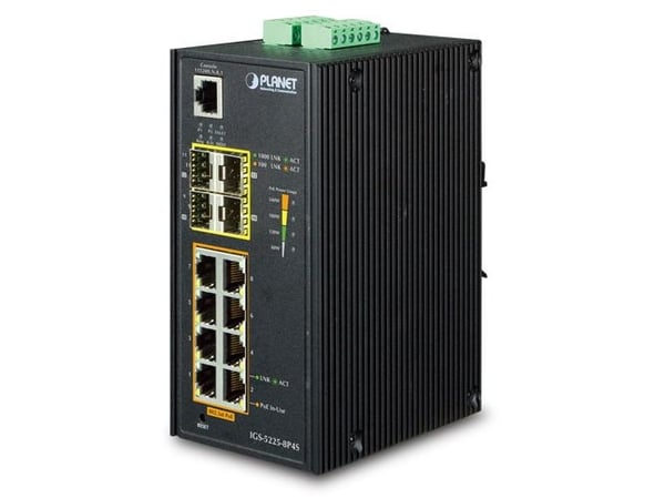 PLANET IGS-5225-8P4S - Switch - L2+ - Styrt - 8 x 10/100/1000 (PoE+) + 4 x Gigabit SFP - DIN-skinnemonterbar, veggmonterbar - PoE+ (240 W) - DC-strøm