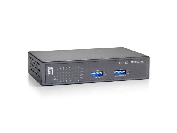 LevelOne FEP-1600W90 - Switch - 16 x 10/100 (PoE) - stasjonær, veggmonterbar - PoE (82 W)
