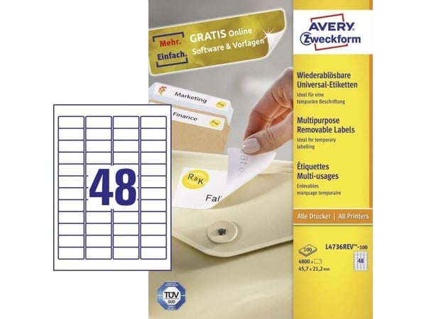 Avery L4736REV-100, hvit, avrundet rektangel, avtakbar, 45,7 x 21,2 mm, A4, papir