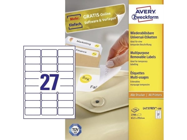 Avery L4737REV-100, hvit, avrundet rektangel, avtakbar, 63,5 x 29,6 mm, A4, papir