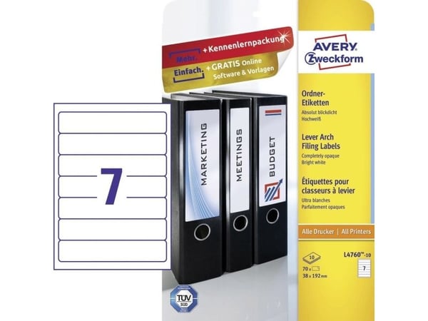 Avery L4760-10, Hvit, Avrundet rektangel, Permanent, 38 x 192 mm, A4, Ringperm
