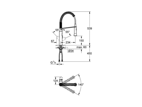 GROHE K7, Kromfarget, Kran-håndtak, Single/enkelt, Keramisk, 3,5 cm, 140°