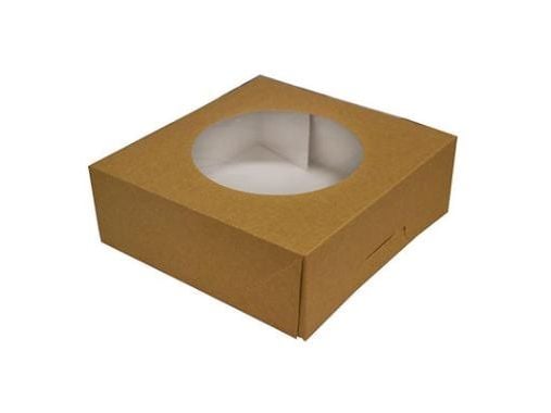 Kageæske hængslet låg høj L190xB190xH80mm pap/plast med rund rude brun/hvid,100 stk/krt