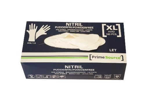 Undersøgelseshandske Engangs Prime Source str XL uden Pudder Nitril AQL 1.5 Hvid,10 pk x 180 stk/krt