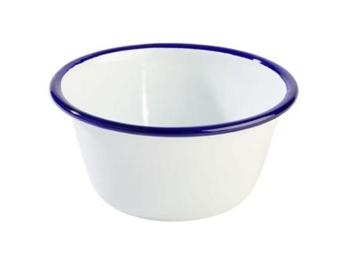 Skål 50 cl Ø13xH6 cm emaljerat stål vit med blå kant 10 st/fp