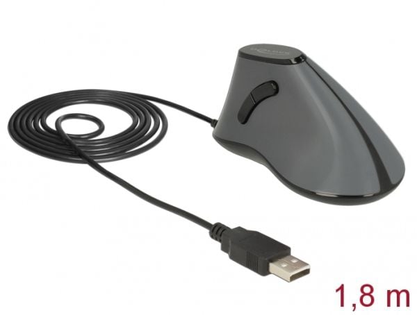 Delock - Vertikal mus - ergonomisk - høyrehendt - optisk - 5 knapper - kablet - USB - grå, svart - løsvekt