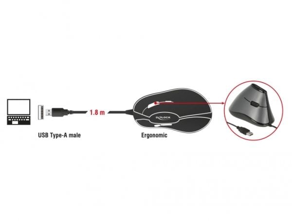 Delock - Vertikal mus - ergonomisk - høyrehendt - optisk - 5 knapper - kablet - USB - grå, svart - løsvekt