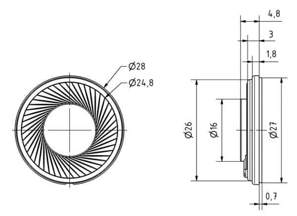 Visaton K 28 WP, Full rekkevidde, 1 W, Rund, 8 O, 300 - 20000 Hz, 75 dB