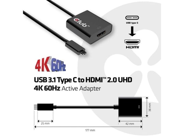 Club 3D USB 3.1 Type C to HDMI 2.0 UHD 4K Active Adapter - Ekstern videoadapter - USB-C 3.1 - HDMI