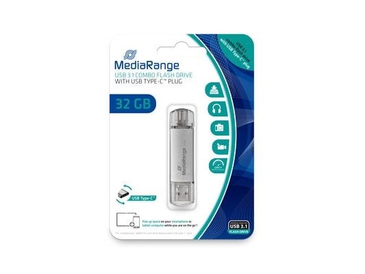 MediaRange MR936 - USB-flashstasjon - 32 GB - USB 3.1 / USB-C - sølv