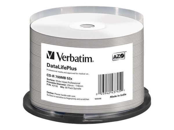Verbatim DataLifePlus - 50 x CD-R - 700 MB 52x - hvit - blekkstråleskrivbar overflate, bred skrivbar overflate - spindel