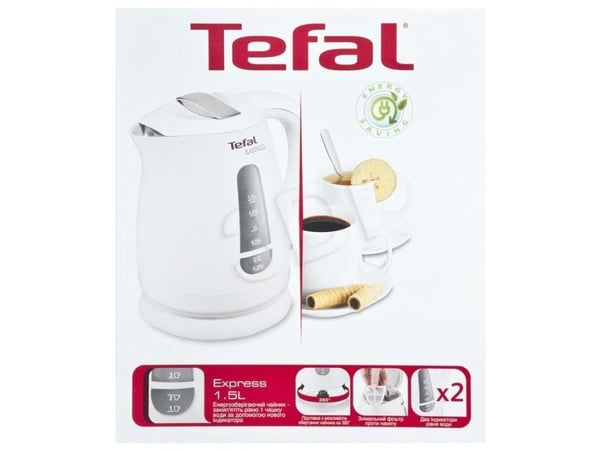 Tefal KO299130 Express, 1,5 L, 2200 W, Valkoinen, Muovi, Veden tason ilmaisin, Johdoton