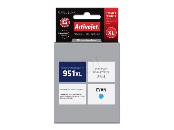 Activejet AH-951CRX, Hög (XL) avkastning, Cyan, Färgbaserat bläck, 25 ml, 1 styck, Enpack
