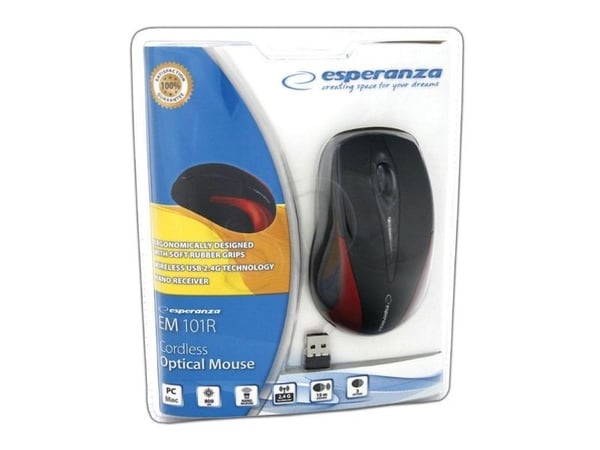 Esperanza EM101R - Mus - optinen - 3 knapper - trådløs - 2.4 GHz - trådløs modtager (USB) - rød