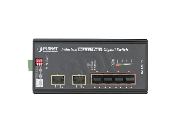 PLANET IGS-624HPT - Switch - 4 x 10/100/1000 (PoE+) + 2 x Gigabit SFP - DIN-skinnemonterbar, veggmonterbar - PoE+ (120 W) - DC-strøm
